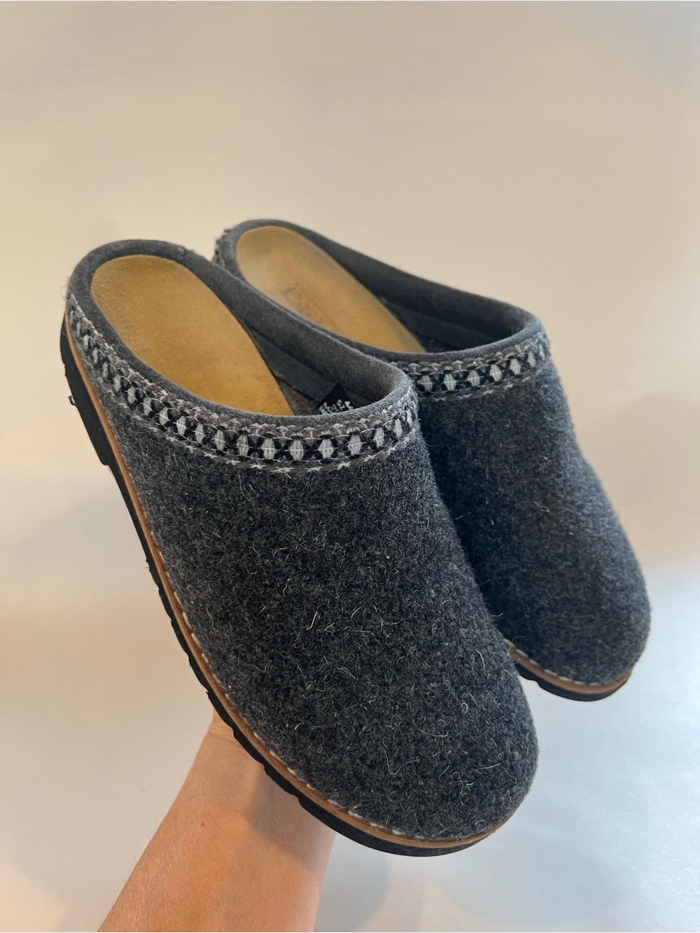 LANDS END Womens 6 Gray Felted Wool Slip On Slipper Clogs Mules Made In Spain
